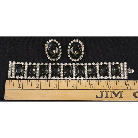 Vintage Smoke and Ice Crystal Rhinestone Bracelet & Earrings Set Oval - Picture 5 of 16